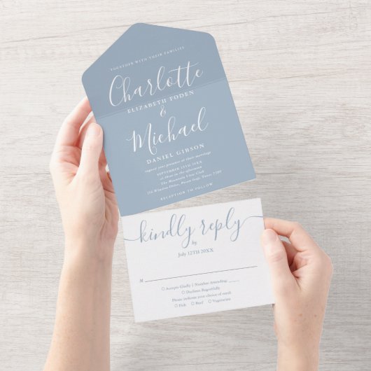 Monogram Stofblauw Modern Script Trouwfeest All In One Uitnodiging (Afscheurbaar)