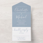 Monogram Stofblauw Modern Script Trouwfeest All In One Uitnodiging (Binnen)