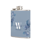 Monogram Stoffig Blauw Botanisch Bruidsmeisje Heupfles (Links)