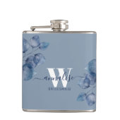 Monogram Stoffig Blauw Botanisch Bruidsmeisje Heupfles (Voorkant)