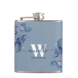 Monogram Stoffig Blauw Botanisch Bruidsmeisje Heupfles
