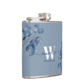 Monogram Stoffig Blauw Botanisch Bruidsmeisje Heupfles (Rechts)