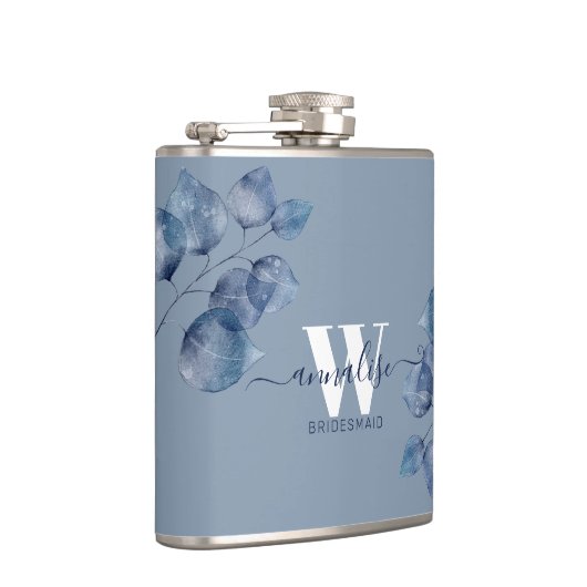 Monogram Stoffig Blauw Botanisch Bruidsmeisje Heupfles (Rechts)