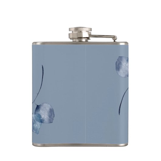 Monogram Stoffig Blauw Botanisch Bruidsmeisje Heupfles (Achterkant)