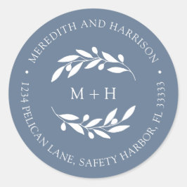 Monogram Stoffig Blauw Bruiloft Retouradres Ronde Sticker