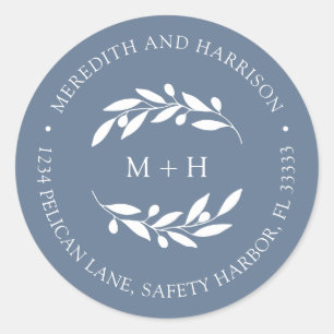 Monogram Stoffig Blauw Bruiloft Retouradres Ronde Sticker