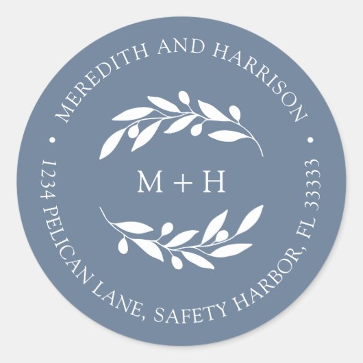 Monogram Stoffig Blauw Bruiloft Retouradres Ronde Sticker (Voorkant)