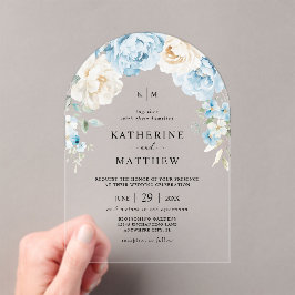Monogram Stoffig Blauw Champagne Ivoor Floral Wedd Acryl Uitnodigingen