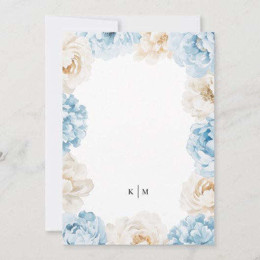 Monogram Stoffig Blauw Champagne Ivoor Floral Wedd Kaart (Achterkant)