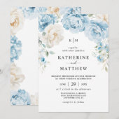 Monogram Stoffig Blauw Champagne Ivoor Floral Wedd Kaart (Voorkant / Achterkant)
