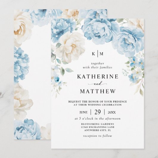 Monogram Stoffig Blauw Champagne Ivoor Floral Wedd Kaart (Voorkant / Achterkant)