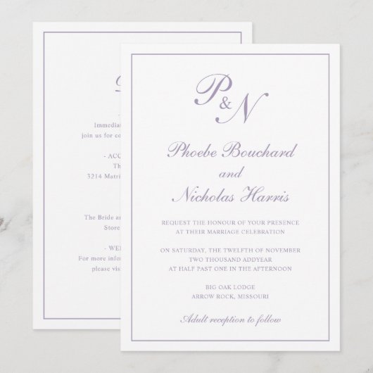 Monogram Stoffig Paarse Elegant Alles In Een Bruil Kaart (Voorkant / Achterkant)