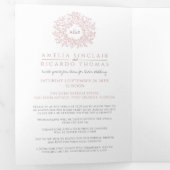 Monogram stoffige roos verlaat de bruiloft helemaa drieluik uitnodiging (Binnenzijde eerst)