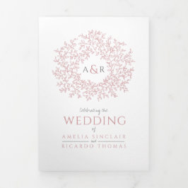 Monogram stoffige roos verlaat de bruiloft helemaa drieluik uitnodiging