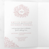 Monogram stoffige roos verlaat de bruiloft helemaa drieluik uitnodiging (Binnenzijde eerst)