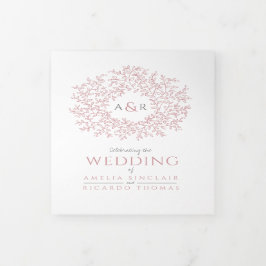 Monogram stoffige roos verlaat de bruiloft helemaa drieluik uitnodiging