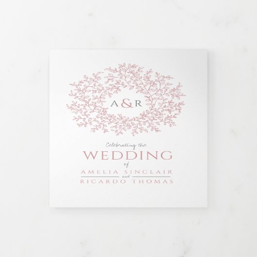 Monogram stoffige roos verlaat de bruiloft helemaa drieluik uitnodiging (Cover)