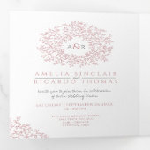 Monogram stoffige roos verlaat de bruiloft helemaa drieluik uitnodiging (Binnenzijde eerst)