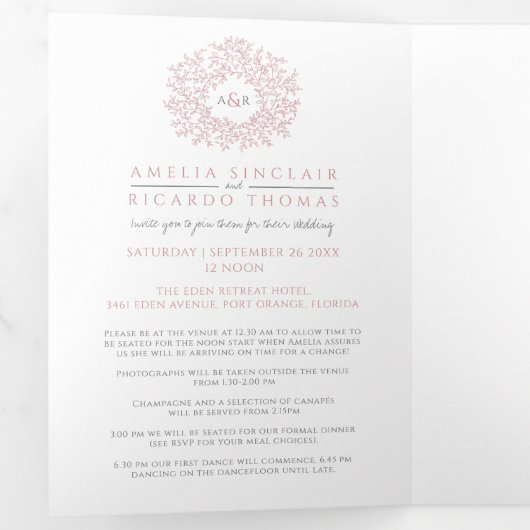 Monogram stoffige roos verlaat de bruiloft van all drieluik uitnodiging (Binnenzijde eerst)