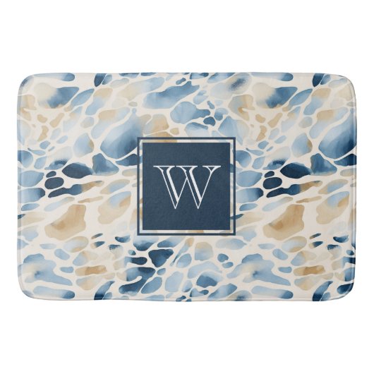 Monogram Strand Blauw en Tan Wave Patroon Badmat (Voorkant)