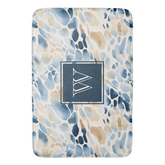 Monogram Strand Blauw en Tan Wave Patroon Badmat (Voorkant Verticaal)