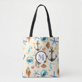 Monogram strand en Zee leven thema patroon Tote Bag (Voorkant)