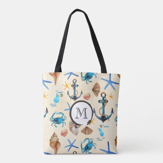 Monogram strand en Zee leven thema patroon Tote Bag (Achterkant)