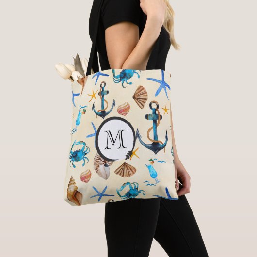 Monogram strand en Zee leven thema patroon Tote Bag (Dichtbij)