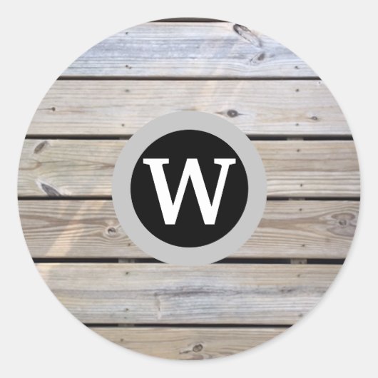 Monogram strand hout ronde sticker (Voorkant)