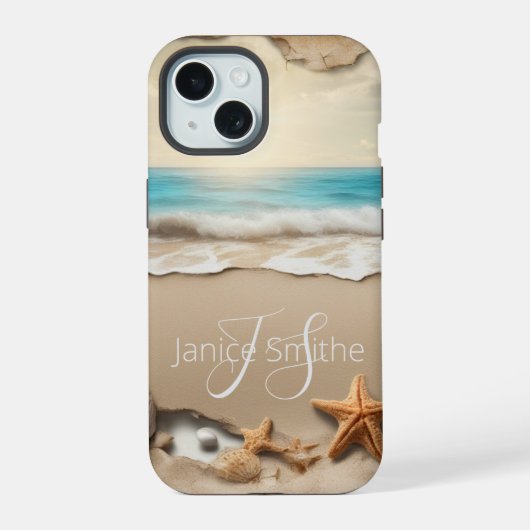 Monogram strand zonsondergang iPhone 15 case (Achterkant)