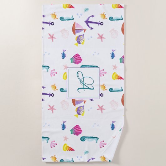 Monogram strandhut kinderbadkamer oceaanleven zee strandlaken (Voorkant)