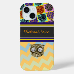 Monogram, strepen & uilen iPhone 15 case