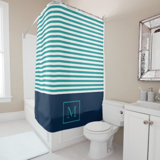 Monogram Stripe Shower Curtain - Aqua/Navy Blue Douchegordijn (In situ)
