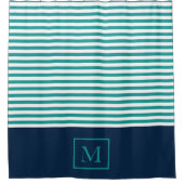 Monogram Stripe Shower Curtain - Aqua/Navy Blue Douchegordijn (Voorkant)