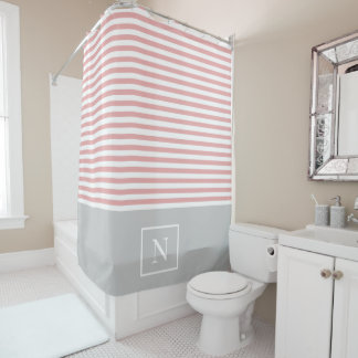 Monogram Stripe Shower Curtain - Blush Pink/Gray Douchegordijn