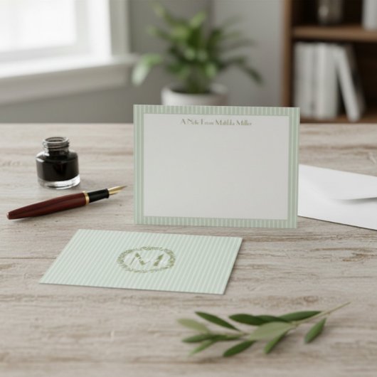 Monogram Striped Pastel Green Note Card  Notitiekaartje