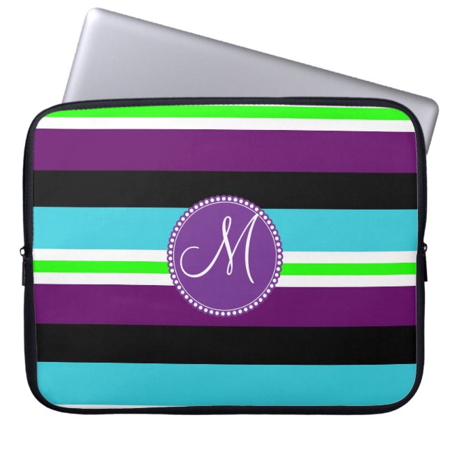 Monogram Striped Pattern Paars Blauwgroen Limoen B Laptop Sleeve (Voorkant)
