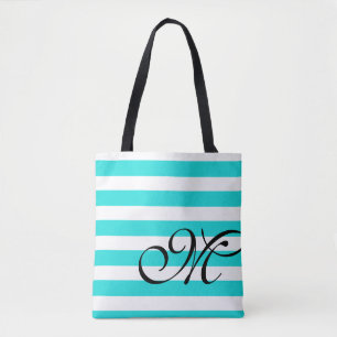 Monogram & Stripes Beach Blue Aqua Canvas tas