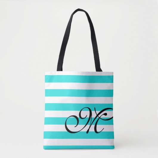 Monogram & Stripes Beach Blue Aqua Canvas tas (Voorkant)