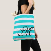 Monogram & Stripes Beach Blue Aqua Canvas tas (Dichtbij)