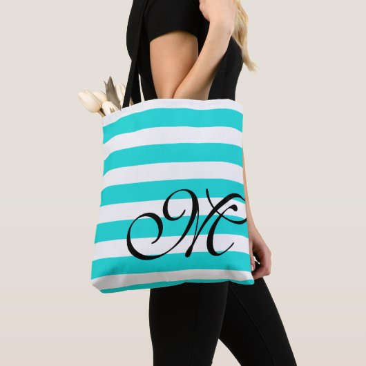 Monogram & Stripes Beach Blue Aqua Canvas tas (Dichtbij)