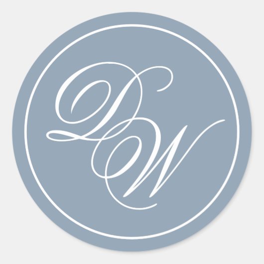 Monogram Stusty Blue Elegant White Script Initiale Ronde Sticker (Voorkant)