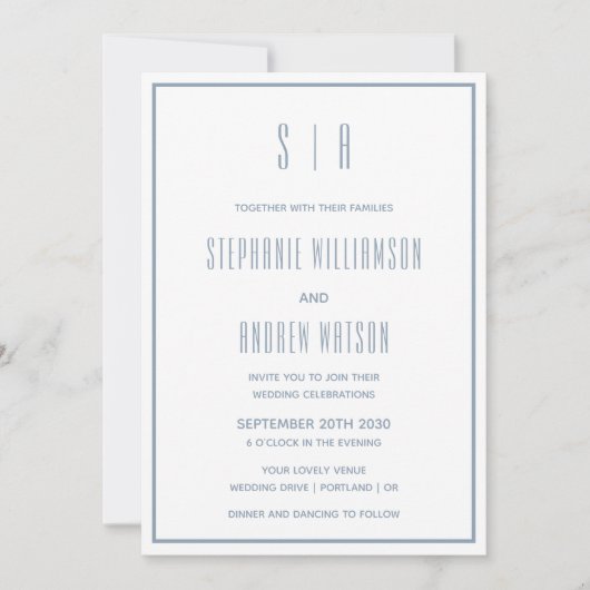 Monogram Stusty Blue en White Modern Simple Weddin (Voorkant)