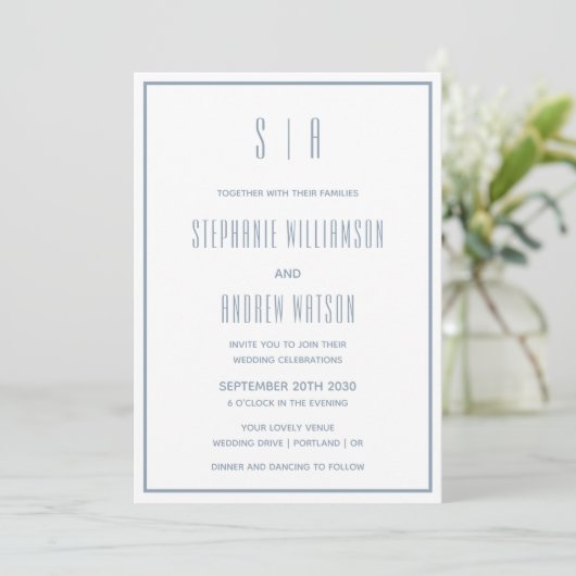 Monogram Stusty Blue en White Modern Simple Weddin (Staand voorkant)