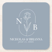 Monogram Stusty Blue Minimalist Elegant Wedding Kartonnen Onderzetters (Voorkant)