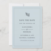Monogram Stusty Blue Minimalist Modern Wedding Save The Date (Voorkant)