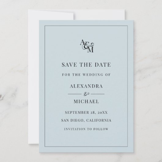 Monogram Stusty Blue Minimalist Modern Wedding Save The Date (Voorkant)