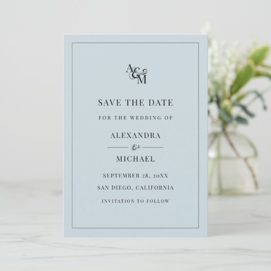 Monogram Stusty Blue Minimalist Modern Wedding Save The Date (Staand voorkant)