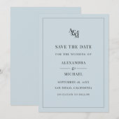 Monogram Stusty Blue Minimalist Modern Wedding Save The Date (Voorkant / Achterkant)