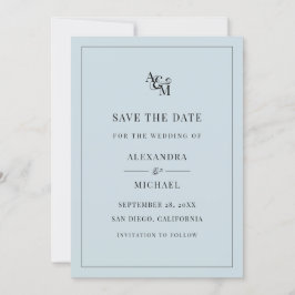 Monogram Stusty Blue Minimalist Modern Wedding Save The Date